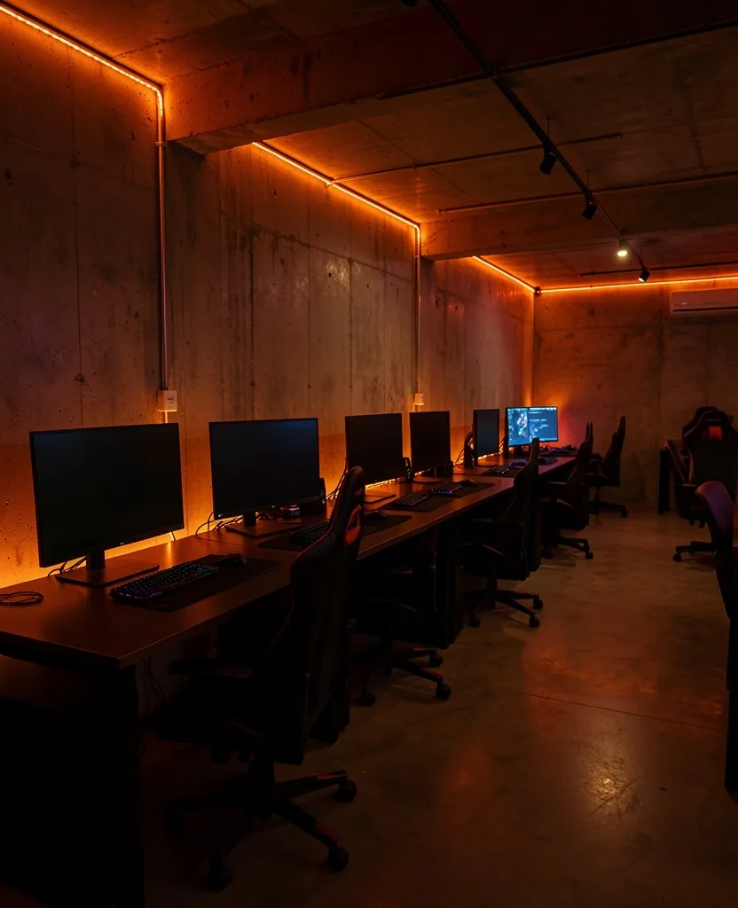 Interior del club de computación Medellora en Cali con estaciones de alto rendimiento