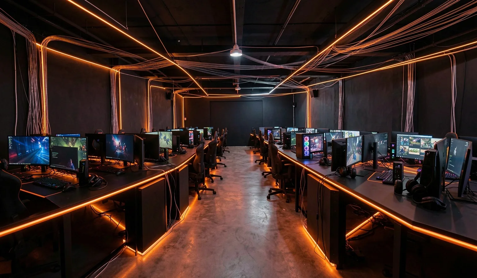 Sala de alto rendimiento con estaciones de trabajo y iluminación térmica naranja